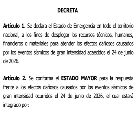 Decreto N° 5.364, Estado de Emergencia en todo el territorio nacional por eventos sismicos