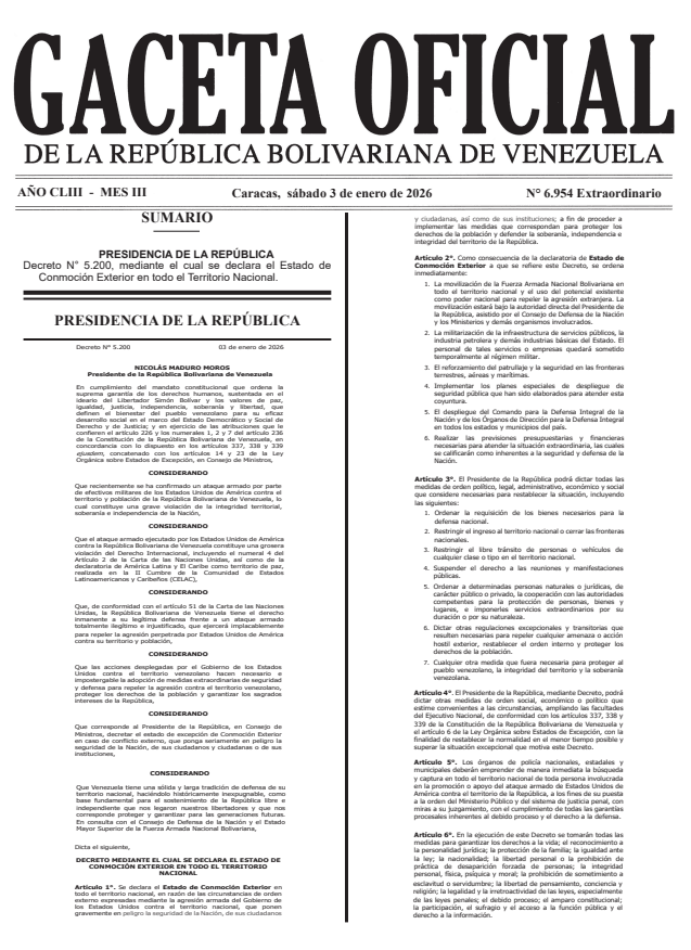 Decreto Estado de Conmoción Exterior Gaceta Oficial N° 6.954 Extraordinario 3 de enero 2026