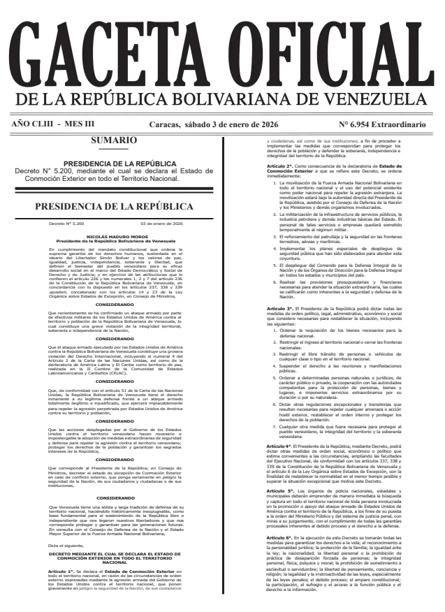Decreto Estado de Conmoción Exterior Gaceta Oficial N° 6.954 Extraordinario 3 de enero 2026 1 Decreto Estado de Conmoción Exterior Gaceta Oficial N° 6.954 Extraordinario 3 de enero 2026